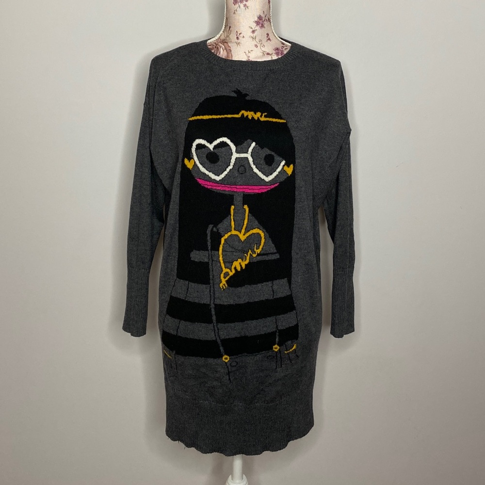 Oversized Sweater Anime Girl Dark Intarsia Grey